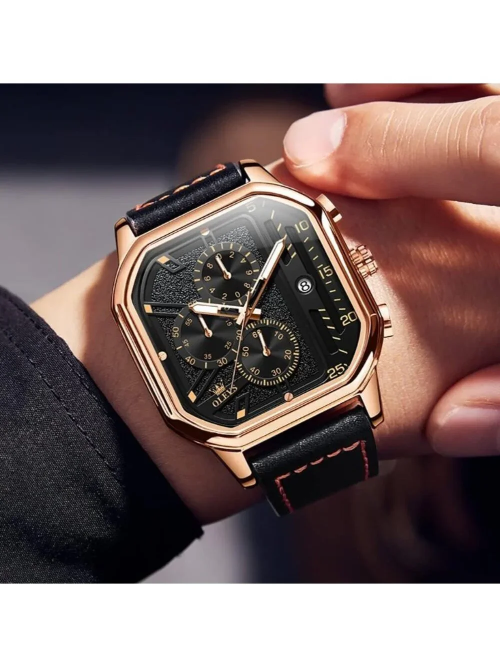 Men's Black Quartz Leather Strap Waterproof Casual Square Dial Date Wrist Watch